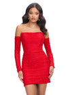Red ASHLEYlauren 4598 form-fitting strapless cocktail dress featuring elegant ruching, detachable sleeves, and heat-set stones for a glamorous and versatile statement look.