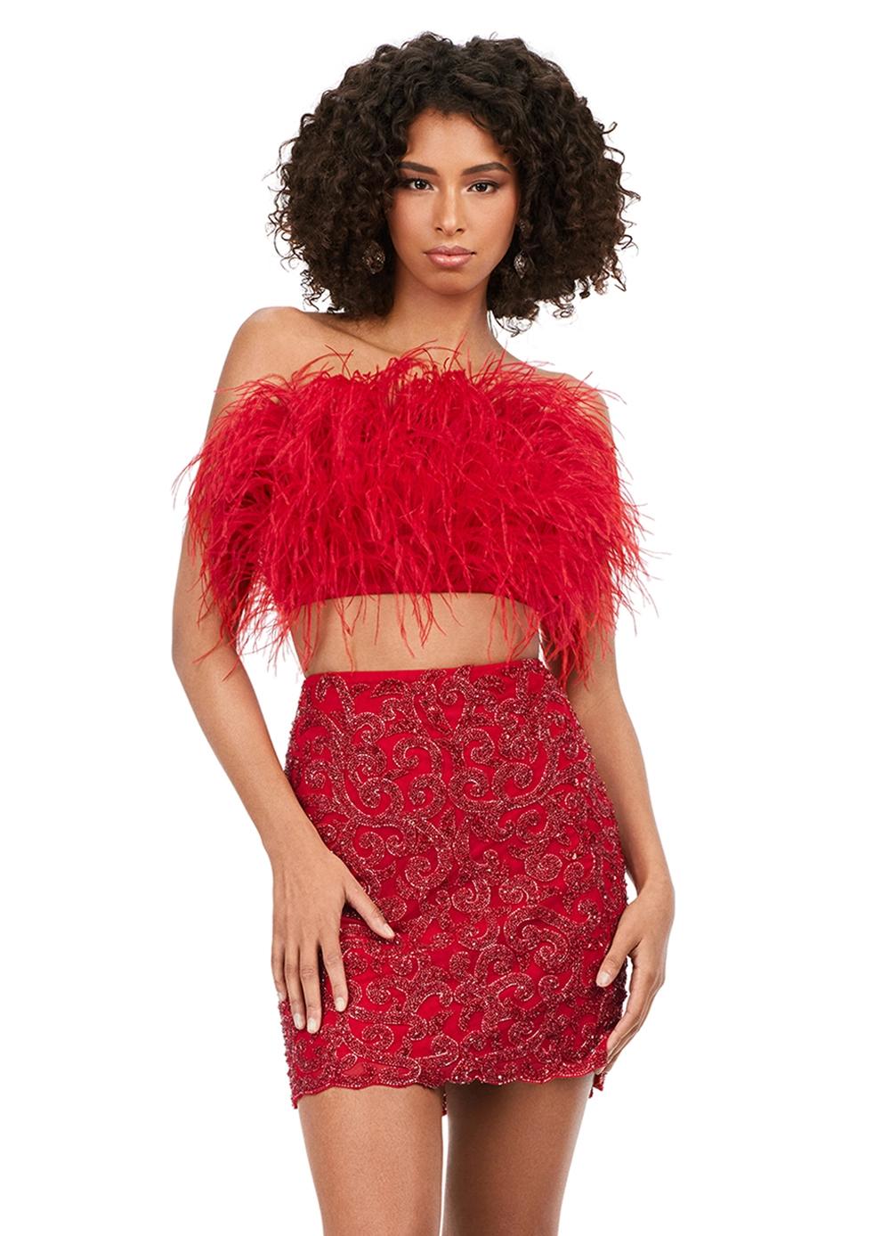 Red ASHLEYlauren 4599 – A stunning two-piece set featuring a strapless feather bustier and a fully beaded fitted skirt. This gorgeous, statement-making outfit is a must-have addition to your closet.