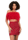 Red ASHLEYlauren 4599 – A stunning two-piece set featuring a strapless feather bustier and a fully beaded fitted skirt. This gorgeous, statement-making outfit is a must-have addition to your closet.