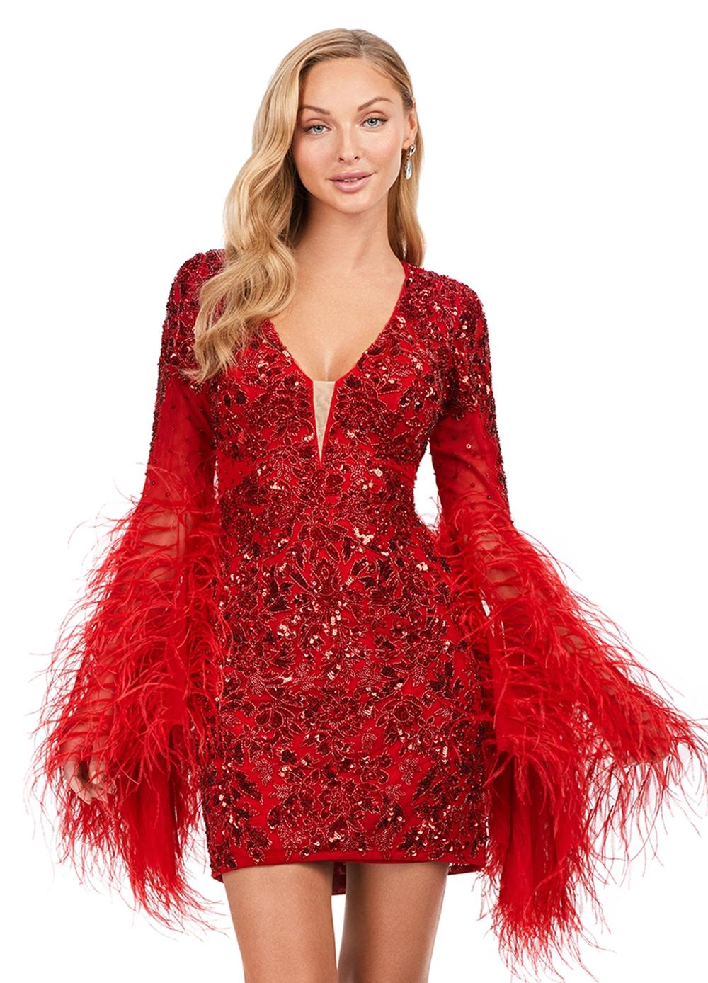 Red ASHLEYlauren 4603 fully beaded cocktail dress featuring a V-neckline, feather-adorned flare sleeves, full back, and fitted skirt for a bold and glamorous statement look.