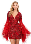 Red ASHLEYlauren 4603 fully beaded cocktail dress featuring a V-neckline, feather-adorned flare sleeves, full back, and fitted skirt for a bold and glamorous statement look.