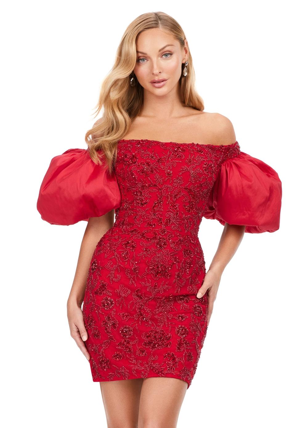 Red ASHLEYlauren 4609 off shoulder gown featuring taffeta puff sleeves, intricate beading throughout, and a fitted skirt for an elegant and timeless look.