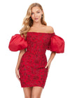 Red ASHLEYlauren 4609 off shoulder gown featuring taffeta puff sleeves, intricate beading throughout, and a fitted skirt for an elegant and timeless look.