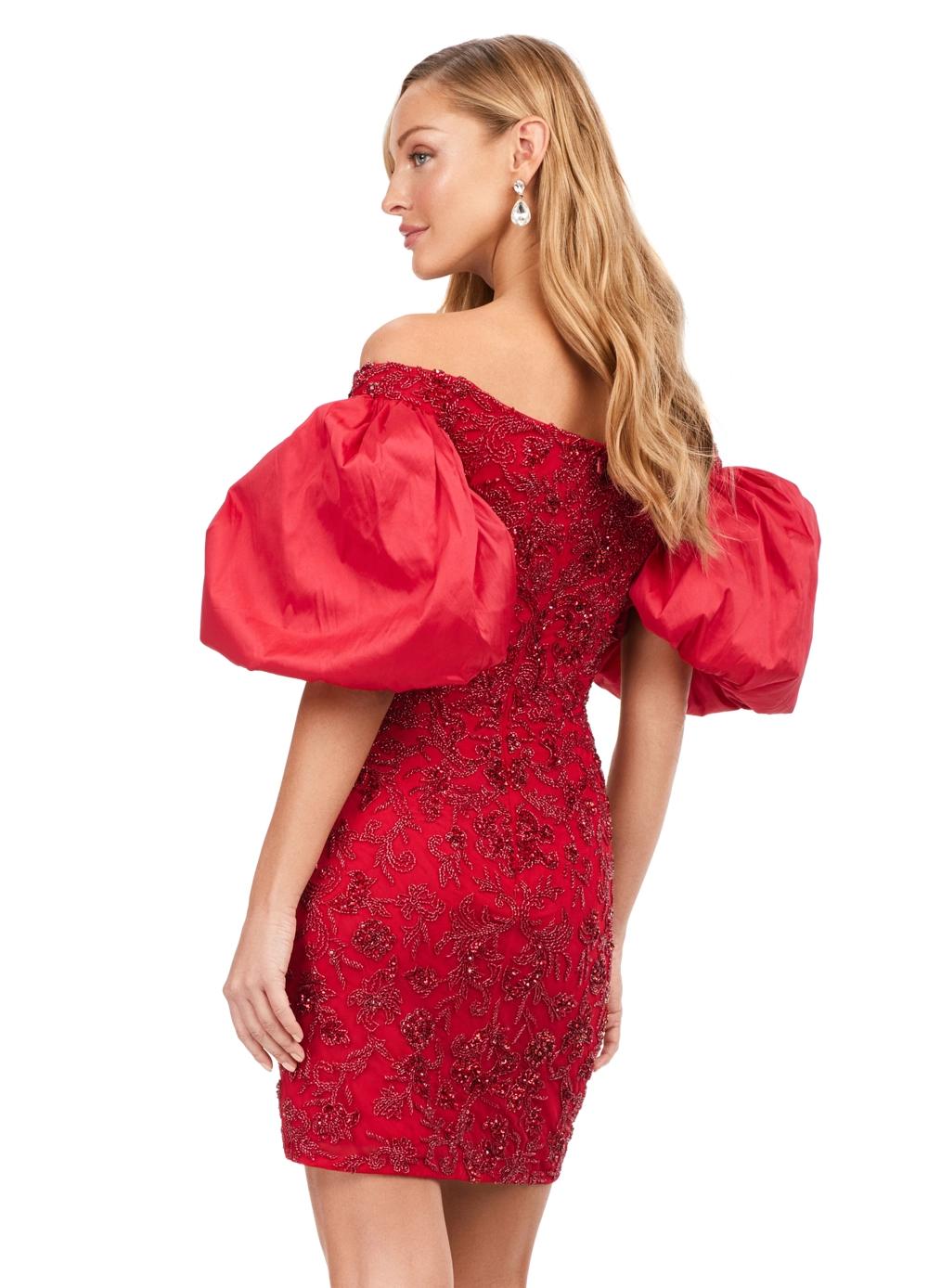 Red ASHLEYlauren 4609 off shoulder gown featuring taffeta puff sleeves, intricate beading throughout, and a fitted skirt for an elegant and timeless look. Back