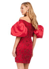 Red ASHLEYlauren 4609 off shoulder gown featuring taffeta puff sleeves, intricate beading throughout, and a fitted skirt for an elegant and timeless look. Back