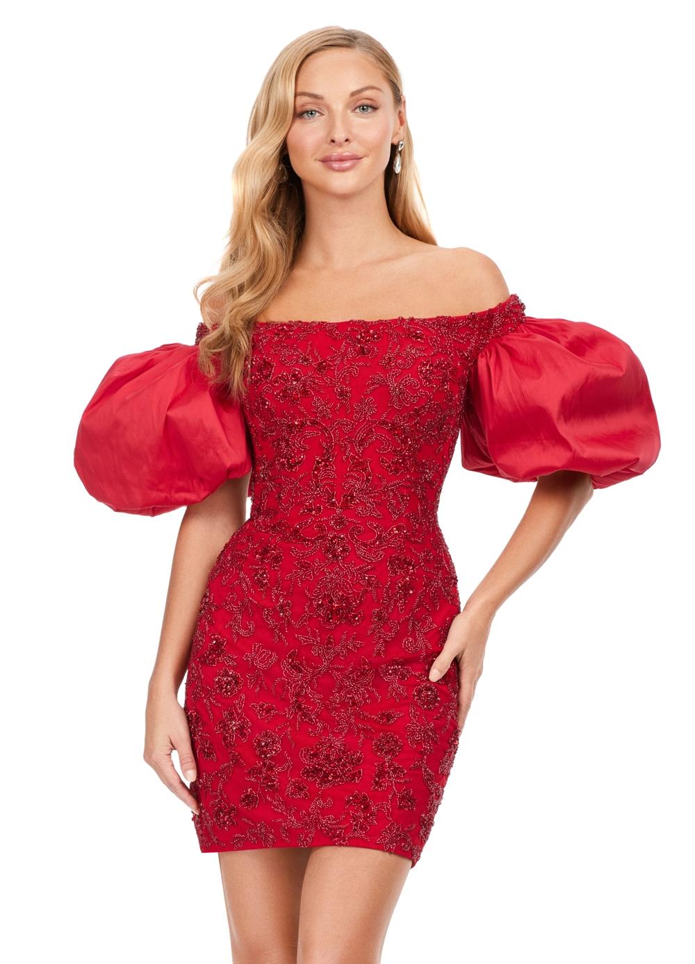 Red ASHLEYlauren 4609 off shoulder gown featuring taffeta puff sleeves, intricate beading throughout, and a fitted skirt for an elegant and timeless look.