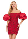 Red ASHLEYlauren 4609 off shoulder gown featuring taffeta puff sleeves, intricate beading throughout, and a fitted skirt for an elegant and timeless look.