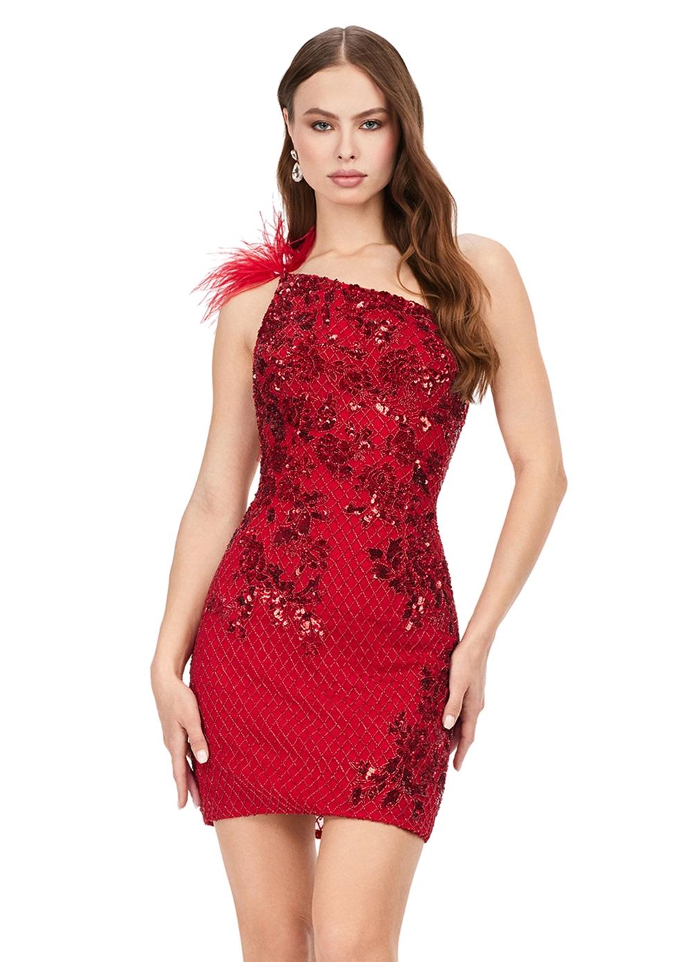 Red ASHLEYlauren 4612 fully sequin cocktail dress featuring a one shoulder neckline with feather details, an intricately beaded bustier, and a fitted skirt for a bold and glamorous look.