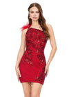 Red ASHLEYlauren 4612 fully sequin cocktail dress featuring a one shoulder neckline with feather details, an intricately beaded bustier, and a fitted skirt for a bold and glamorous look.