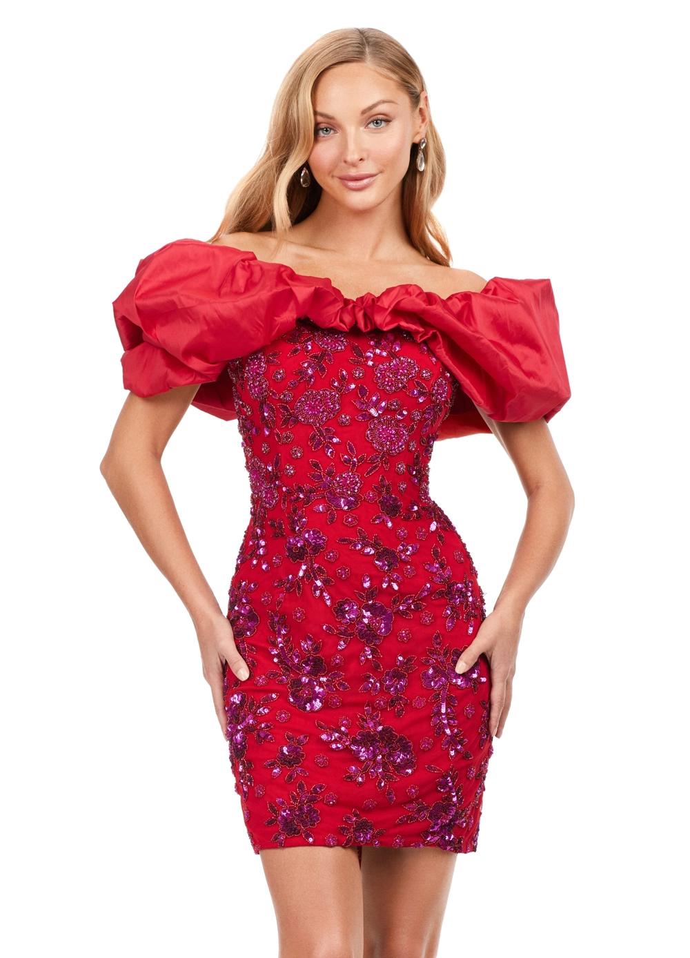 Red ASHLEYlauren 4613 fully beaded cocktail dress featuring an off shoulder neckline with oversized taffeta ruffle detail and a fitted skirt for a bold and fun statement look.