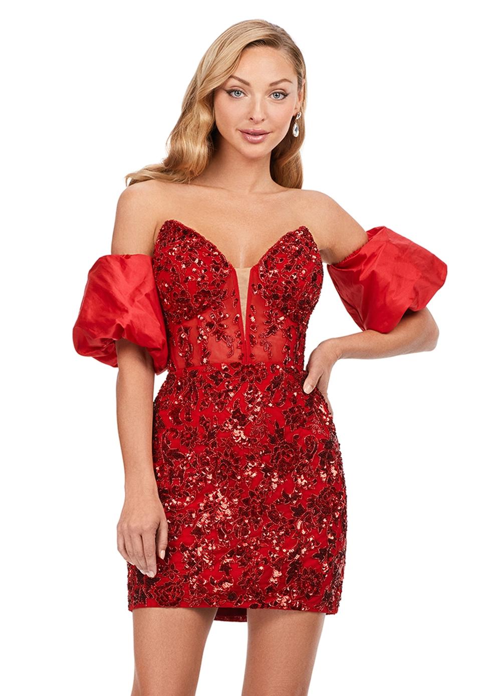 Red ASHLEYlauren 4614 fully beaded cocktail dress featuring a strapless corset bustier, intricate beadwork, and dramatic taffeta puff sleeves for an elegant and standout look.