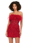 Red ASHLEYlauren 4615 – A stunning, fully beaded strapless cocktail dress featuring feather details and a fitted skirt. Perfect for making a bold statement and feeling like royalty at any event.