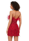 Back - Red ASHLEYlauren 4615 – A stunning, fully beaded strapless cocktail dress featuring feather details and a fitted skirt. Perfect for making a bold statement and feeling like royalty at any event.
