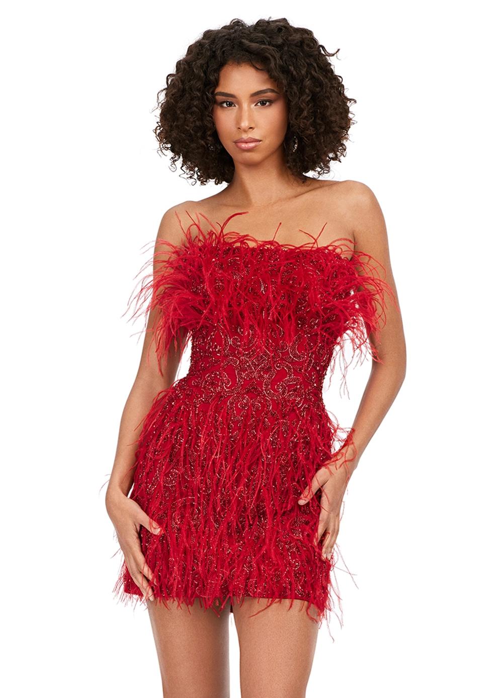 Red ASHLEYlauren 4615 – A stunning, fully beaded strapless cocktail dress featuring feather details and a fitted skirt. Perfect for making a bold statement and feeling like royalty at any event.