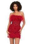 Red ASHLEYlauren 4615 – A stunning, fully beaded strapless cocktail dress featuring feather details and a fitted skirt. Perfect for making a bold statement and feeling like royalty at any event.