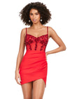 Red ASHLEYlauren 4619 cocktail dress featuring a sweetheart neckline, delicate spaghetti straps, intricately beaded corset bodice, and a sleek jersey fitted skirt for an elegant and modern look.