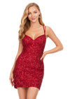 Red ASHLEYlauren 4625 fully beaded sequin cocktail dress featuring a sweetheart neckline, double spaghetti straps, fitted silhouette, and lace-up back for a glamorous and elegant look.