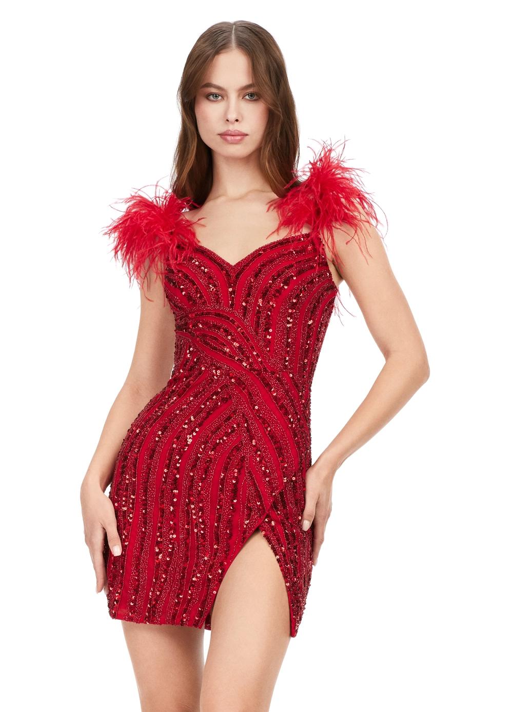Red ASHLEYlauren 4626 fully beaded cocktail dress featuring a sweetheart neckline, feather-detailed straps, intricate beadwork, and a wrap skirt for a bold and show-stopping look.