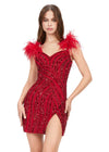 Red ASHLEYlauren 4626 fully beaded cocktail dress featuring a sweetheart neckline, feather-detailed straps, intricate beadwork, and a wrap skirt for a bold and show-stopping look.