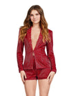 Red ASHLEYlauren 4632 fully liquid beaded two-piece romper featuring a V-neckline, crystal and chunky stone-embellished lapel, and a bold, statement-making design perfect for any glamorous event.