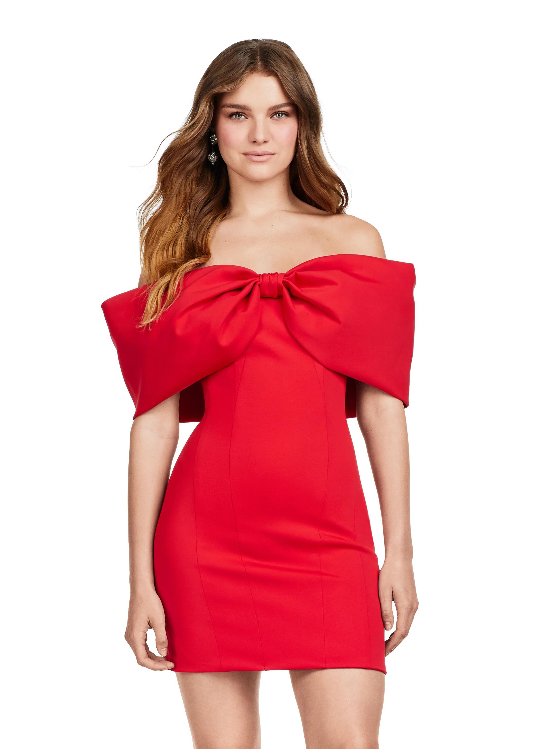 Red ASHLEYlauren 4640 off shoulder scuba cocktail dress featuring oversized bow details, off shoulder straps, and a fitted skirt for a chic and elegant look.