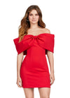 Red ASHLEYlauren 4640 off shoulder scuba cocktail dress featuring oversized bow details, off shoulder straps, and a fitted skirt for a chic and elegant look.
