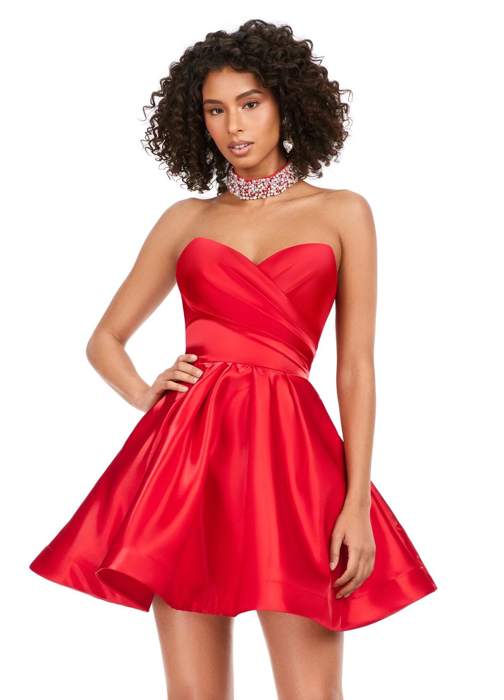 Red ASHLEYlauren 4644 strapless satin cocktail dress featuring a sweetheart neckline, A-line skirt, and a fully beaded choker for an elegant and sophisticated look.