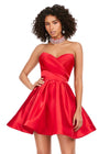 Red ASHLEYlauren 4644 strapless satin cocktail dress featuring a sweetheart neckline, A-line skirt, and a fully beaded choker for an elegant and sophisticated look.