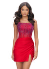 Red ASHLEYlauren 4686 strapless cocktail dress featuring a corset bustier embellished with press-on stones, a sleek jersey skirt, and a left leg slit for a classic and glamorous look.