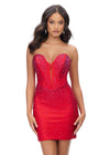 Red ASHLEYlauren 4689 strapless jersey cocktail dress featuring a fully beaded corset bustier, illusion V-neckline, fitted skirt, and press-on stone embellishments for a glamorous and sophisticated look.