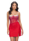 Red ASHLEYlauren 4690 stunning cocktail dress featuring an illusion neckline, corset bustier with press-on stones cascading down the skirt, and a wrap skirt with a side slit for an elegant and head-turning look.