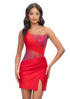 Red ASHLEYlauren 4691 one shoulder cocktail dress featuring a fully beaded corset bustier with press-on stones, a wrap skirt, and a left leg slit for an elegant and glamorous look.