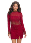 Red ASHLEYlauren 4736 fitted cocktail dress featuring a high neckline, illusion long sleeves, press-on heat set stones accentuating the collar, cuffs, and waistline for a glamorous and curve-enhancing look.