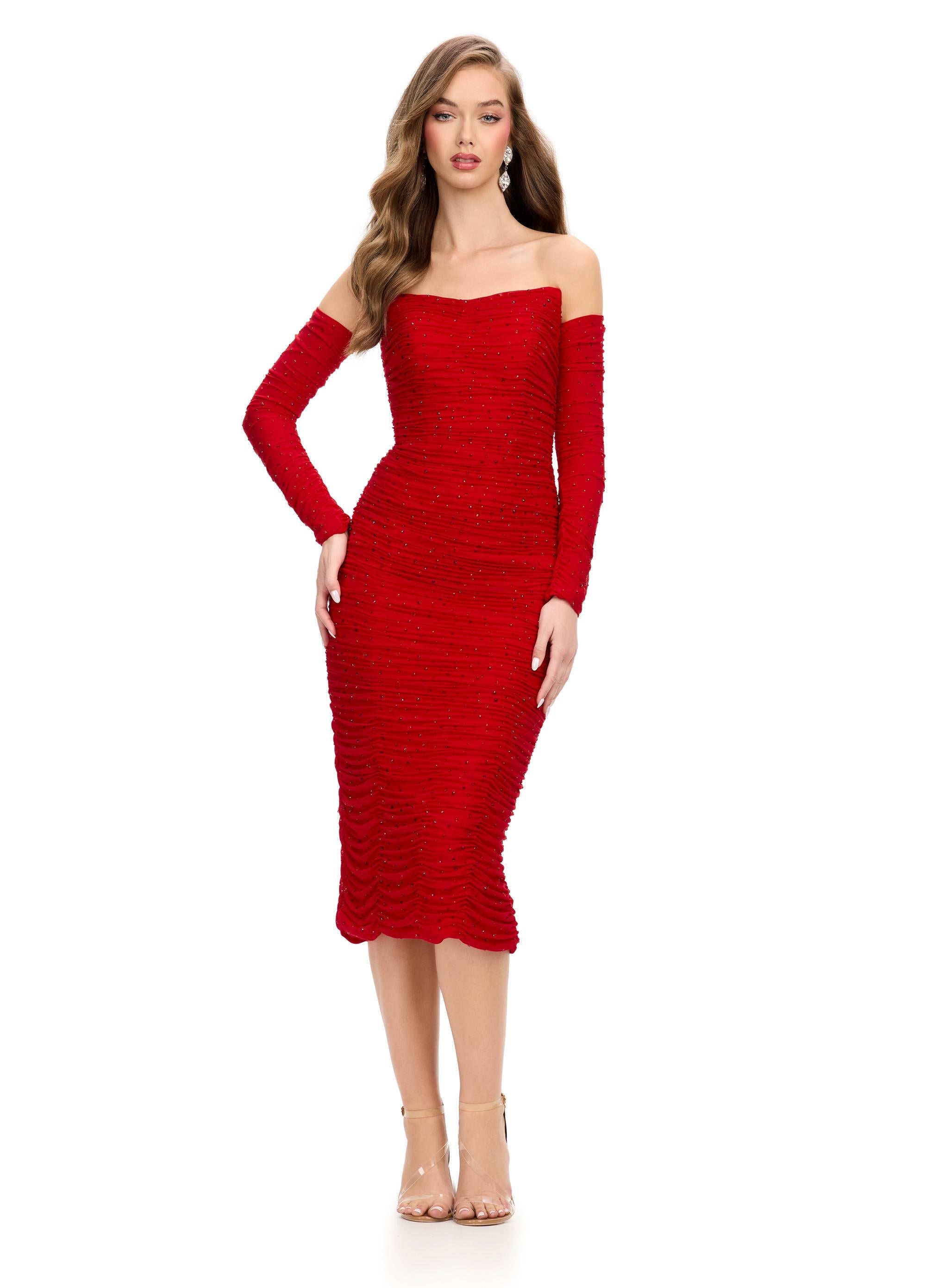 Front - Red ASHLEYlauren 4737 strapless cocktail dress featuring a fitted mid-length skirt, detachable sleeves, and press-on heat set stones for a versatile and glamorous look.