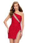 Red ASHLEYlauren 4754 fully hand-beaded cocktail dress featuring a one shoulder neckline, asymmetrical cut out, open back, fitted skirt, and a left leg slit for a bold and glamorous look.