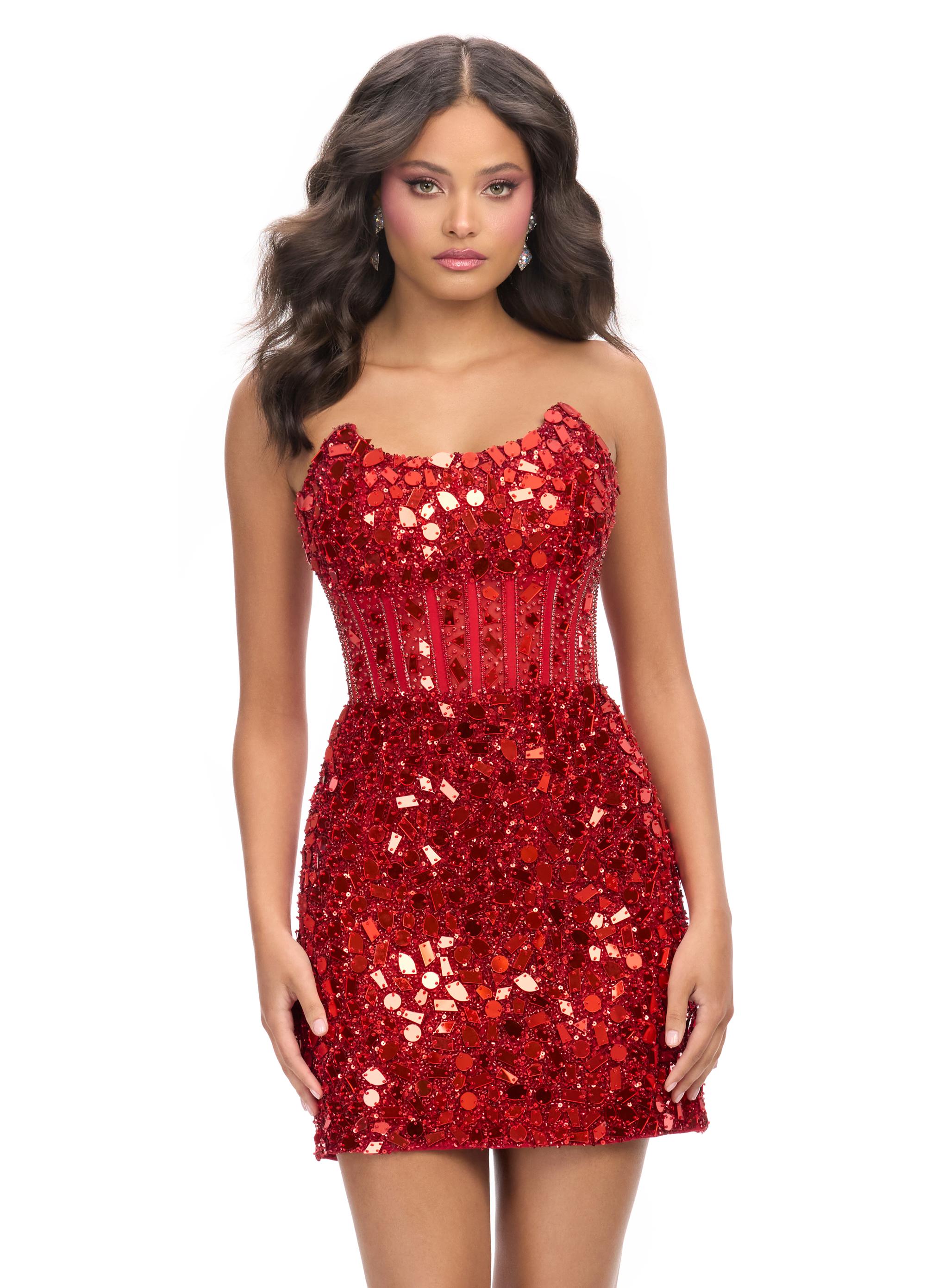 Red ASHLEYlauren 4757 Strapless Hand Beaded Cocktail Dress with Mirror Details and Corset Bustier
