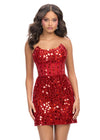 Red ASHLEYlauren 4757 Strapless Hand Beaded Cocktail Dress with Mirror Details and Corset Bustier