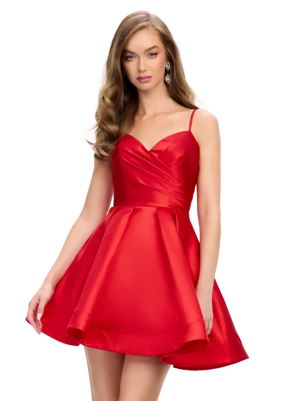 Red ASHLEYlauren 4780 classic satin cocktail dress featuring delicate spaghetti straps, a sweetheart neckline, and an elegant A-line skirt for a timeless and sophisticated look.