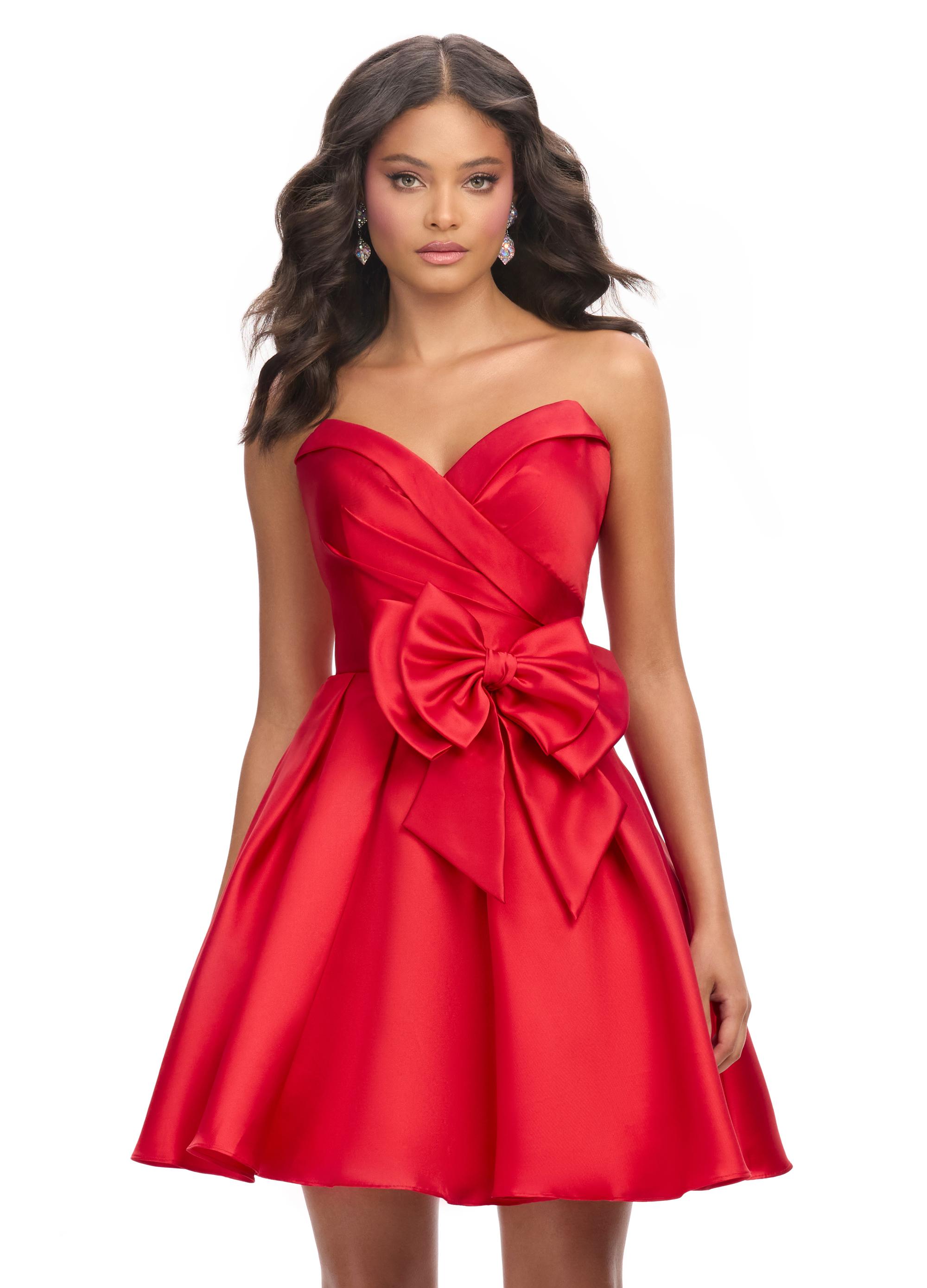 Red ASHLEYlauren 4783 Mikado cocktail dress featuring a sweetheart neckline, an elegant A-line skirt, and an oversized bow accent for a show-stopping and sophisticated look.