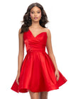 Red ASHLEYlauren 4786 classic satin cocktail dress featuring a one shoulder design, ruched sweetheart bustier, and an elegant A-line skirt for a timeless and sophisticated look.