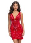 Red ASHLEYlauren 4790 fully hand-beaded cocktail dress featuring a V-neckline, V-back, illusion side cut outs, and a fitted silhouette for a glamorous and show-stopping look.