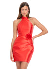 Red ASHLEYlauren 4802 Mikado A-Line Dress with Halter Neckline, Ruched Skirt, and 3D Floral Accent