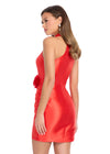 Back - Red ASHLEYlauren 4802 Mikado A-Line Dress with Halter Neckline, Ruched Skirt, and 3D Floral Accent