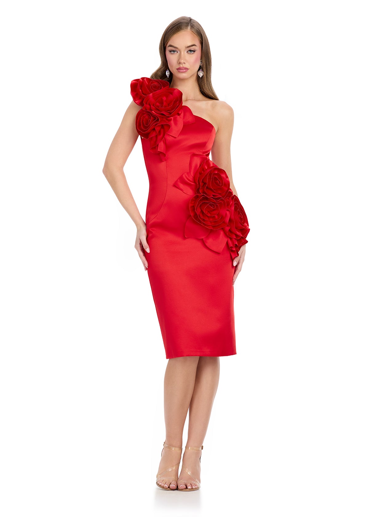 Red ASHLEYlauren 4814 One-Shoulder Satin Gown with Large Cascading Floral Details and Fitted Silhouette
