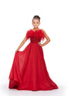 Red ASHLEYlauren 8236 fun and flowy A-line ball gown featuring delicate spaghetti straps, a beaded bustier adorned with a mix of beads and feathers, creating a bold and statement-making look.