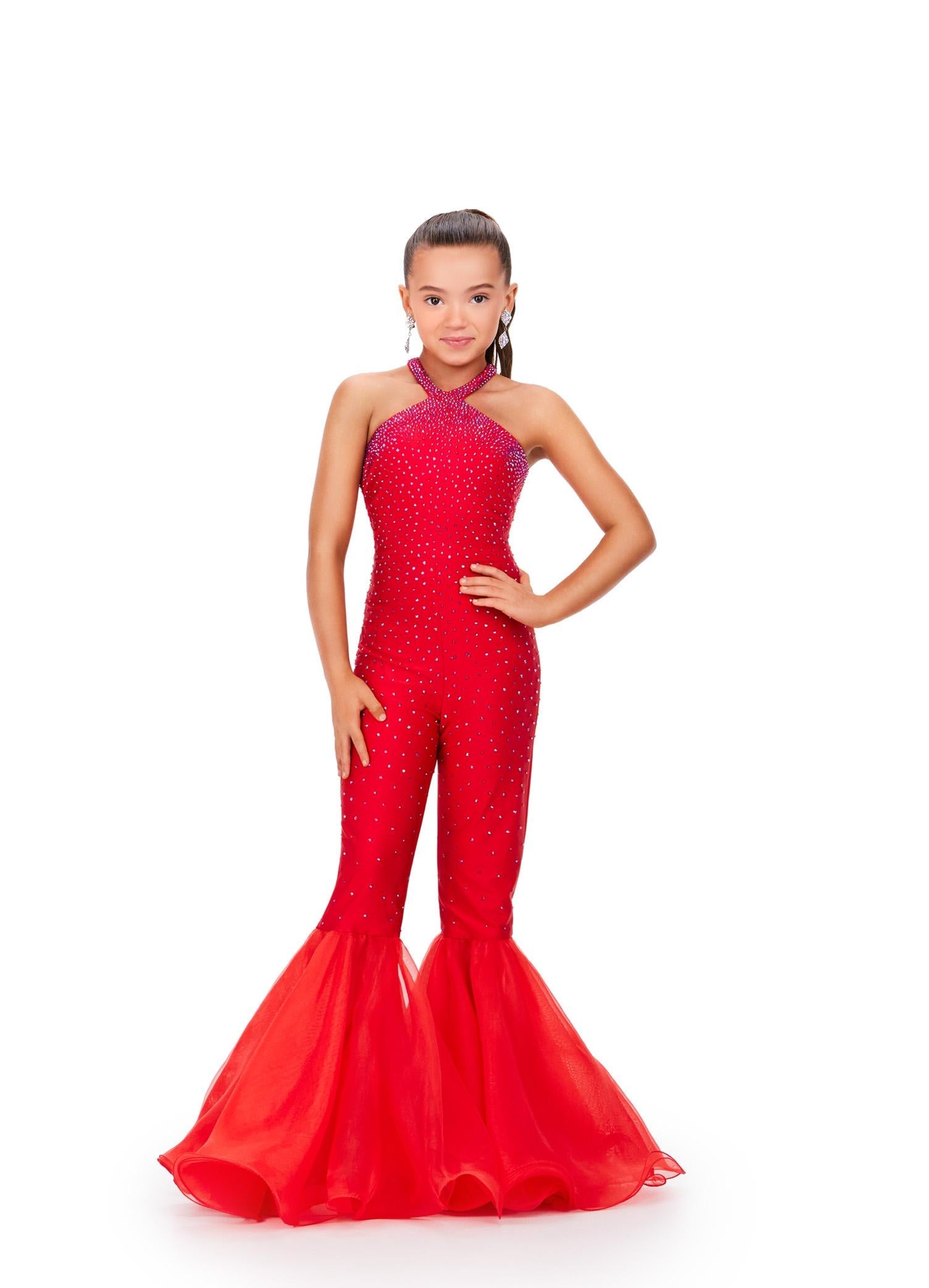 Red ASHLEYlauren 8265 super sassy kids jersey jumpsuit featuring a halter neckline, heat-set stone embellishments, and flared organza bell-bottom pant legs for a bold and stylish look.