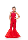 Red ASHLEYlauren 8265 super sassy kids jersey jumpsuit featuring a halter neckline, heat-set stone embellishments, and flared organza bell-bottom pant legs for a bold and stylish look.