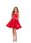 Red ASHLEYlauren 8277 satin kids cocktail dress featuring a high neckline, spaghetti straps, off shoulder beaded straps, a beaded belt, and a V-back for a fabulous and stylish look.