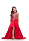 Red ASHLEYlauren 8288 Kids High-Low Taffeta Gown with Halter Neckline, Fully Beaded Bustier, and Sweeping Train