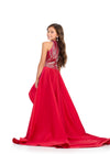 Back - Red ASHLEYlauren 8288 Kids High-Low Taffeta Gown with Halter Neckline, Fully Beaded Bustier, and Sweeping Train